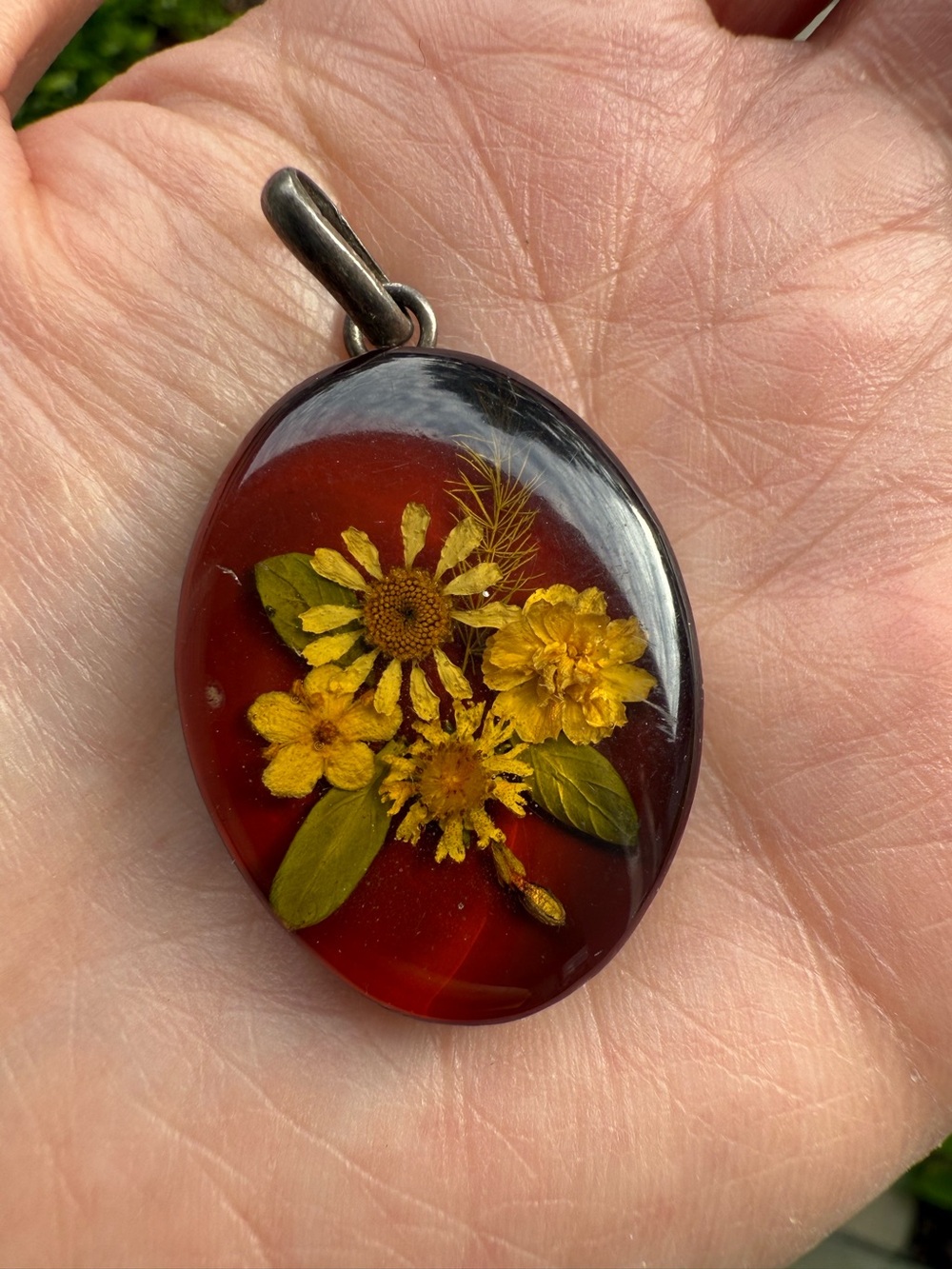 Vintage oval pendant dried flowers Bohemian Botanical Cottagecore sterling